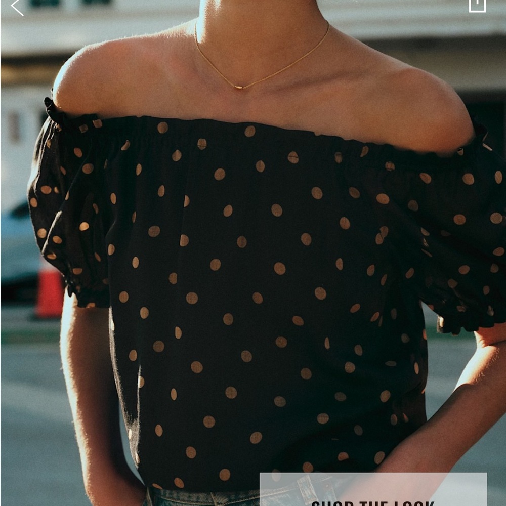 Sezane Maiwenn Off-Shoulder Black Blouse with Tan Polka Dots